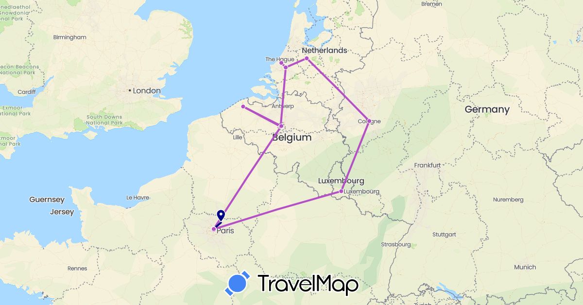 TravelMap itinerary: driving, train in Belgium, Germany, France, Luxembourg, Netherlands (Europe)